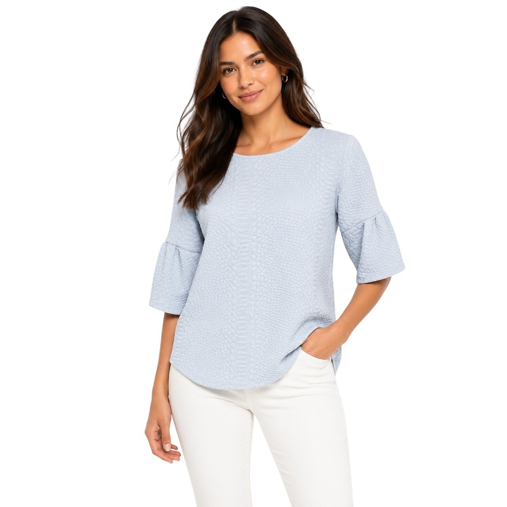 Guess Women‎ Light Blue Textured Snakeskin Bell Sleeve Keyhole Blouse Small